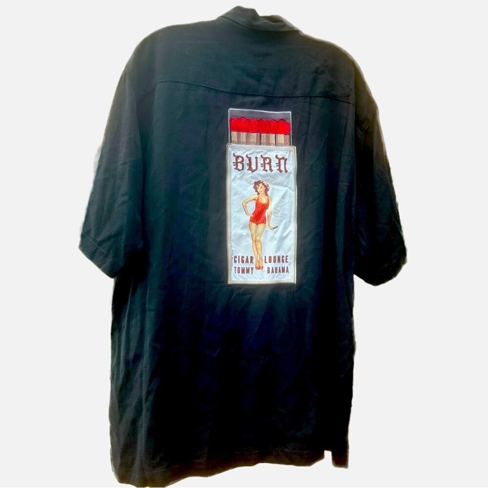 Tommy Bahama 100% Silk Burn Lounge PINUP GIRL Graphic Casual Button Down - BLACK